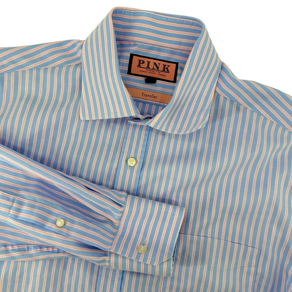 Thomas Pink Traveller Mens Striped Button Down Shirt Blue Pink 16.5 35 Cotton